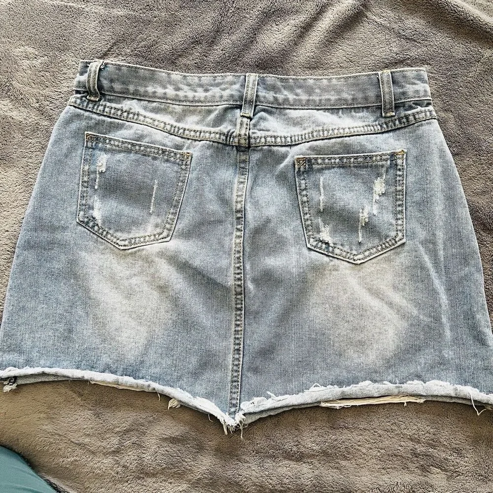 Jean Mini Skirt Denim Distressed Faded Y2K Punk Grunge Summer Festival Size 14 - Picture 2 of 6